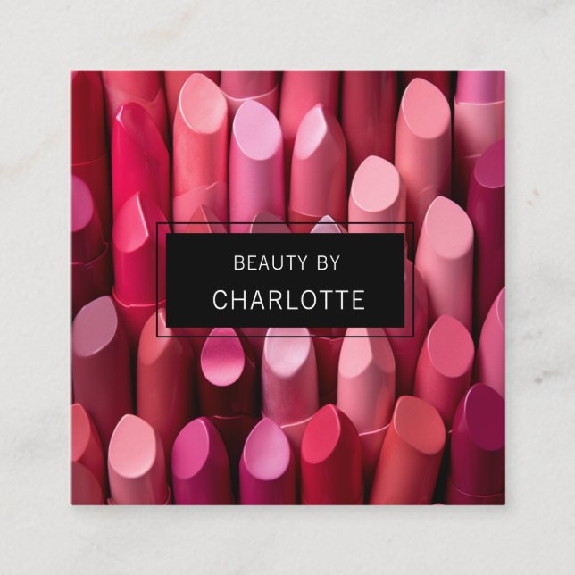 Cartão De Visita Quadrado Moderno, salão, maquiagem, beleza, foto de batom (Frente)