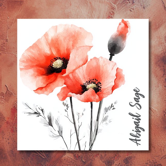 Cartão De Visita Quadrado Mola de Aquarela Moderna (Front - Modern Watercolor Poppy Floral Square Business Card)