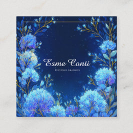 Cartão De Visita Quadrado Moldura Celestial Dourada Floral Azul Luminosa Mei
