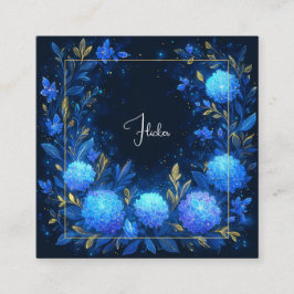 Cartão De Visita Quadrado Moldura Celestial Dourada Floral Azul Luminosa Mei