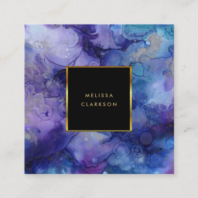 Cartão De Visita Quadrado Moldura de ouro roxo, azul-aquarela moderna (Frente)