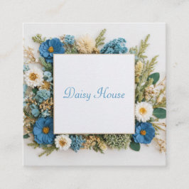 Cartão De Visita Quadrado Moldura Dourada Floral Azul Cobalto Flor Preservad
