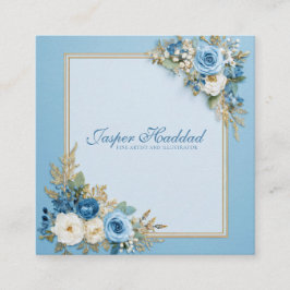 Cartão De Visita Quadrado Moldura Dourada Floral Rosa Azul Elegante Moderno