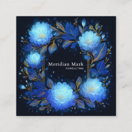 Cartão De Visita Quadrado Moldura Floral Celestial Dourada Floral Azul Lumin
