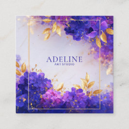 Cartão De Visita Quadrado Moldura Geométrica Floral Dourada Violeta Elegante