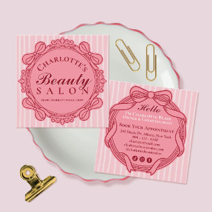 Cartão De Visita Quadrado Moldura Quadrada com Laço Vintage Rosa Salão
