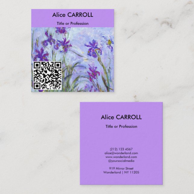 Cartão De Visita Quadrado Monet - Lilac Irises / Iris Mauves - Código QR (Frente/Verso)