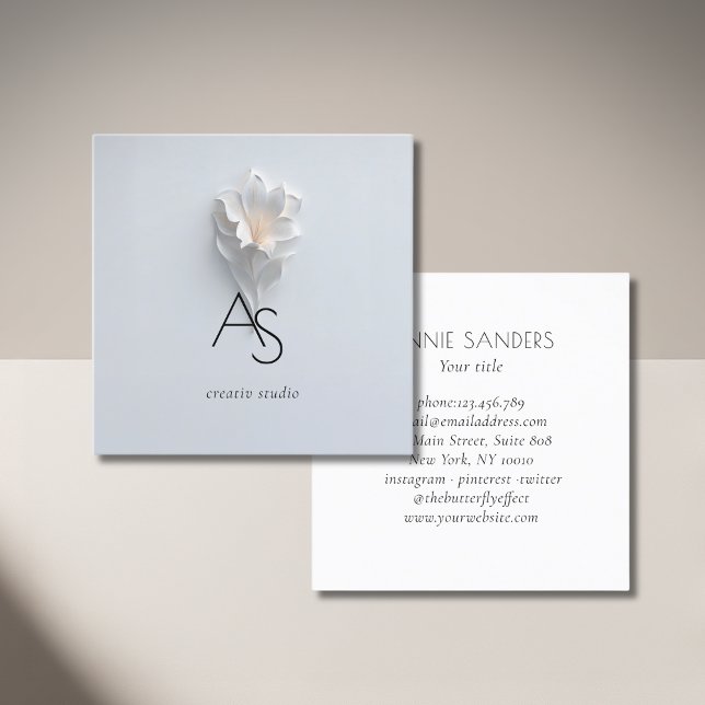 Cartão De Visita Quadrado Monogram Minimalist Floral White Blue (Elegant Minimalist Floral White Blue  Square Business Card)