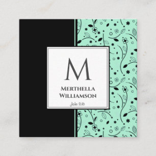 Cartão De Visita Quadrado MonogRAM Moderno Neo Mint Black Floral