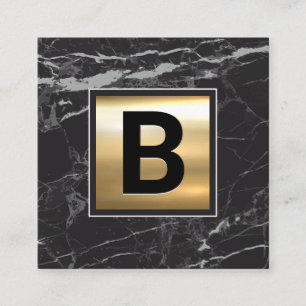 Cartão De Visita Quadrado Monograma Chic Dourado Metal Mármore Preto