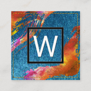 Cartão De Visita Quadrado Monograma Cores de Água Brutos Textura Azul Assalt