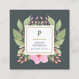 Cartão De Visita Quadrado Monograma das flores cor de água, cor-de-rosa, com