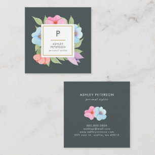 Cartão De Visita Quadrado Monograma das flores Douradas cor de água doce, c