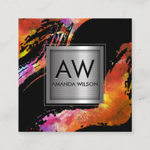 Cartão De Visita Quadrado Monograma de Aquarela  Faixa Metálica