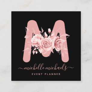 Cartão De Visita Quadrado Monograma de Aquarela Floral a Preto Dourado rosa