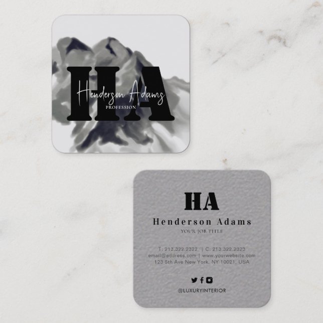 Cartão De Visita Quadrado Monograma de Assinatura Abstrato das Montanhas Neg (Frente/Verso)