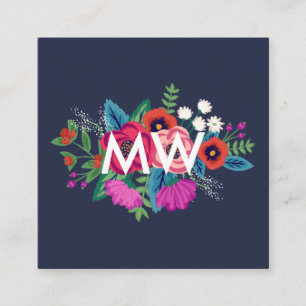 Cartão De Visita Quadrado Monograma de Buquê Floral Vibrant Boho