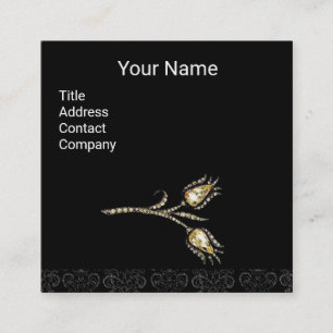 Cartão De Visita Quadrado MONOGRAMA DE DAMASK TULIPS, preto e branco