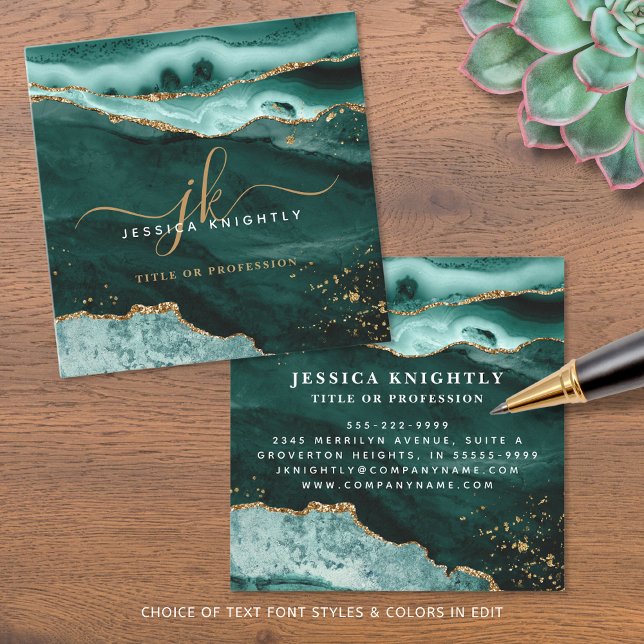 Cartão De Visita Quadrado Monograma de Letra Dourada de Agato Teal Turquoise (Criador carregado)