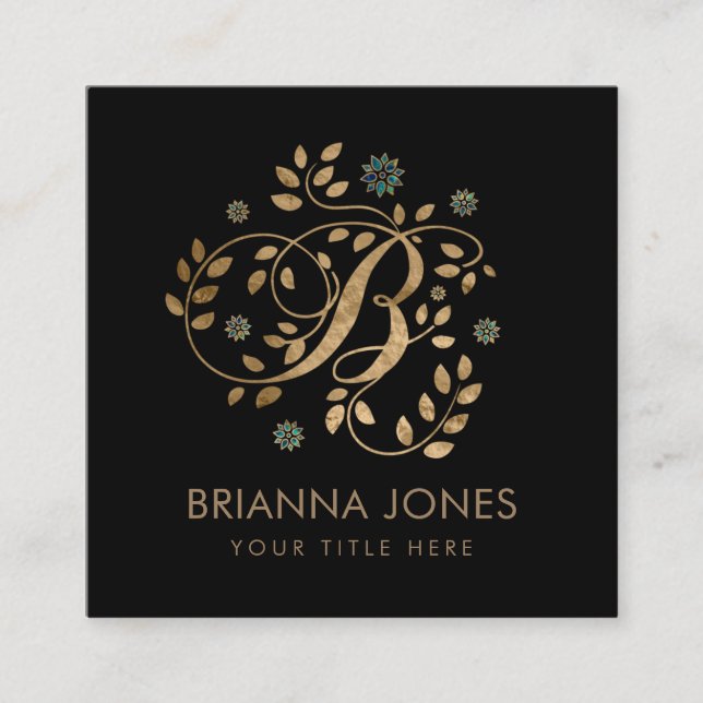 Cartão De Visita Quadrado Monograma de Ouro de luxo com letra B (Frente)