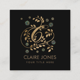 Cartão De Visita Quadrado Monograma de Ouro de luxo com letra C