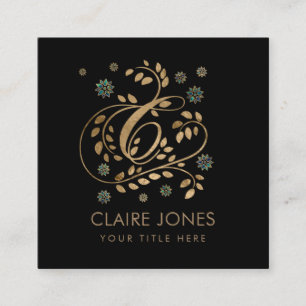 Cartão De Visita Quadrado Monograma de Ouro de luxo com letra C