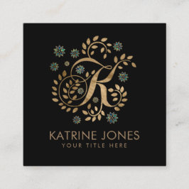 Cartão De Visita Quadrado Monograma de Ouro de luxo com letra K