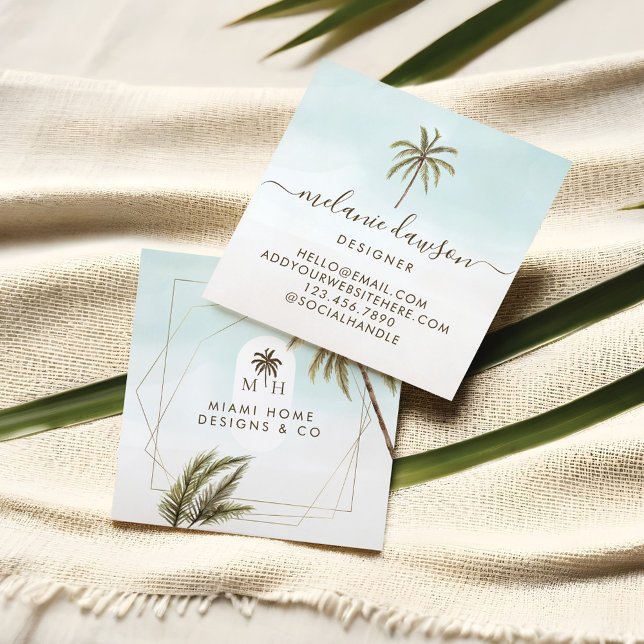 Cartão De Visita Quadrado Monograma de Palmeiras Tropicais Modernas (Modern Tropical Watercolor Palm Trees Monogram Square Business Card)