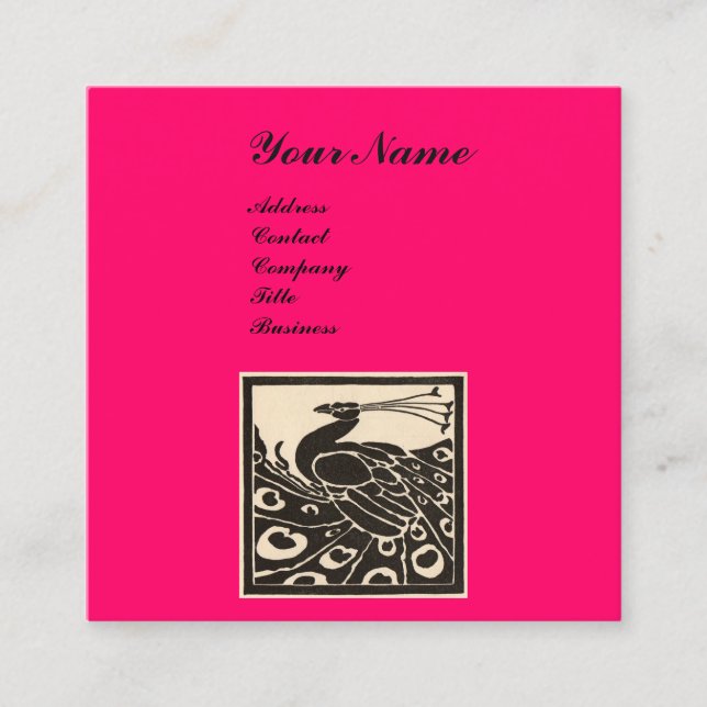 CARTÃO DE VISITA QUADRADO MONOGRAMA DE PAVÃO PRETO E ROSA NEON ELEGANTES (Frente)