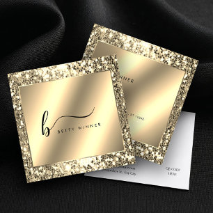 Cartão De Visita Quadrado Monograma de Script Glitter Dourado de Champanhe G
