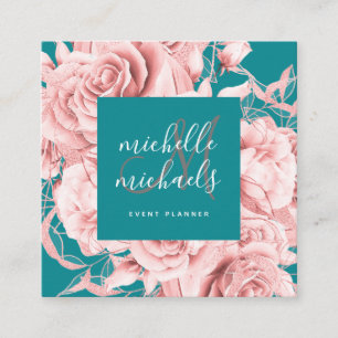 Cartão De Visita Quadrado Monograma de Script Moderno Rosa e Teal Floral