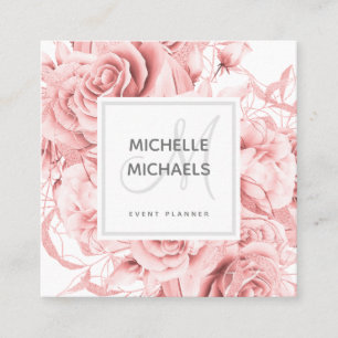 Cartão De Visita Quadrado Monograma de Script Simples Dourado Floral Rosa