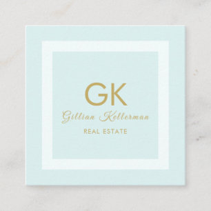 Cartão De Visita Quadrado Monograma Dourado azul Pastel elegante