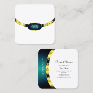 Cartão De Visita Quadrado Monograma Dourado de Gradiente Azul Luminoso Luxur
