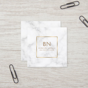 Cartão De Visita Quadrado Monograma Dourado de mármore branco minimalista