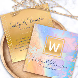 Cartão De Visita Quadrado Monograma dourado roxo azul aquarela mármore scrip