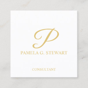 Cartão De Visita Quadrado Monograma Elegante branco e Dourado
