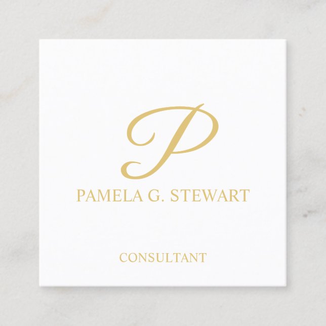 Cartão De Visita Quadrado Monograma Elegante branco e Dourado (Frente)