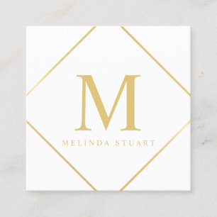 Cartão De Visita Quadrado Monograma elegante branco e Dourado
