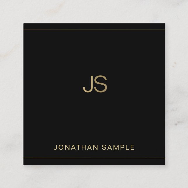 Cartão De Visita Quadrado Monograma Elegante Dourado Luxo Negro  (Frente)