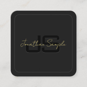 Cartão De Visita Quadrado Monograma Elegante Preto e Dourado Personalizado I