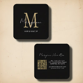 Cartão De Visita Quadrado Monograma Elegante QR Preto Dourado