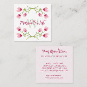 Cartão De Visita Quadrado Monograma Feminino de Flores Silvestres Rosa