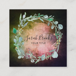 Cartão De Visita Quadrado Monograma floral azul da grinalda em verdes