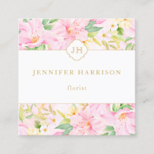 Cartão De Visita Quadrado Monograma Floral Colorido Cor de Água Rosa Botânic
