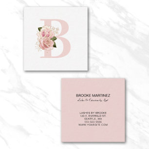 Cartão De Visita Quadrado Monograma Floral em Rosa Pálido Dourado