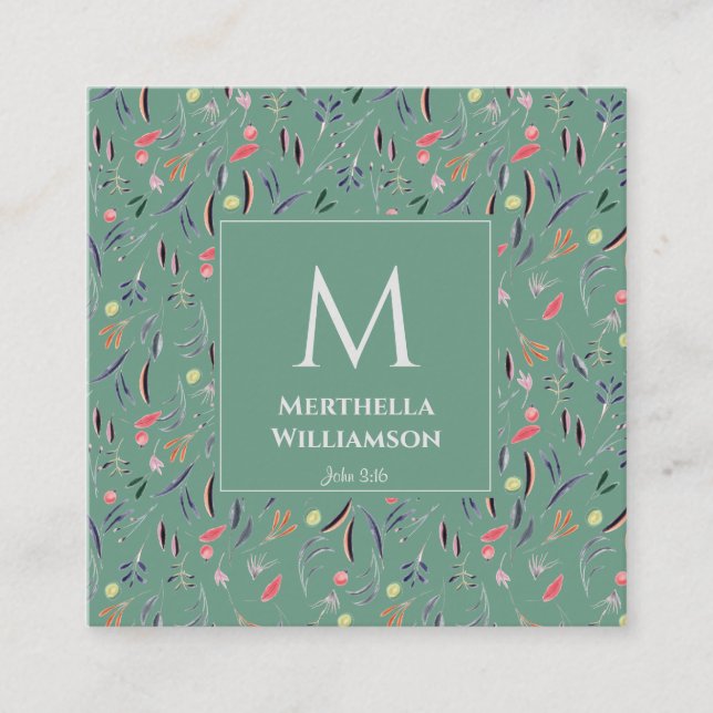 Cartão De Visita Quadrado MONOGRAMA Floral Verde-Teal Moderno (Frente)