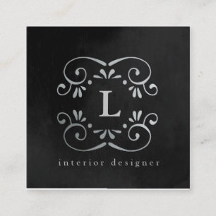 Cartão De Visita Quadrado Monograma florescente de folha de prata negra de s