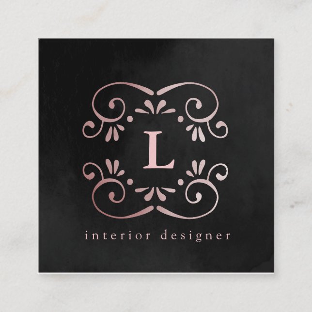 Cartão De Visita Quadrado Monograma florescente de folhas rosa douradas de s (Frente)