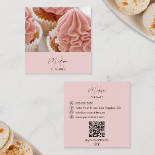 Cartão De Visita Quadrado Monograma Folha de logotipos Foto QR Empresas Rosa